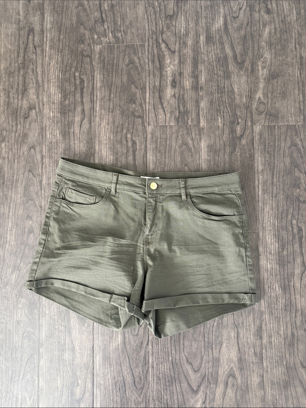 H&M Olive Green Roll-Cuff Denim Shorts